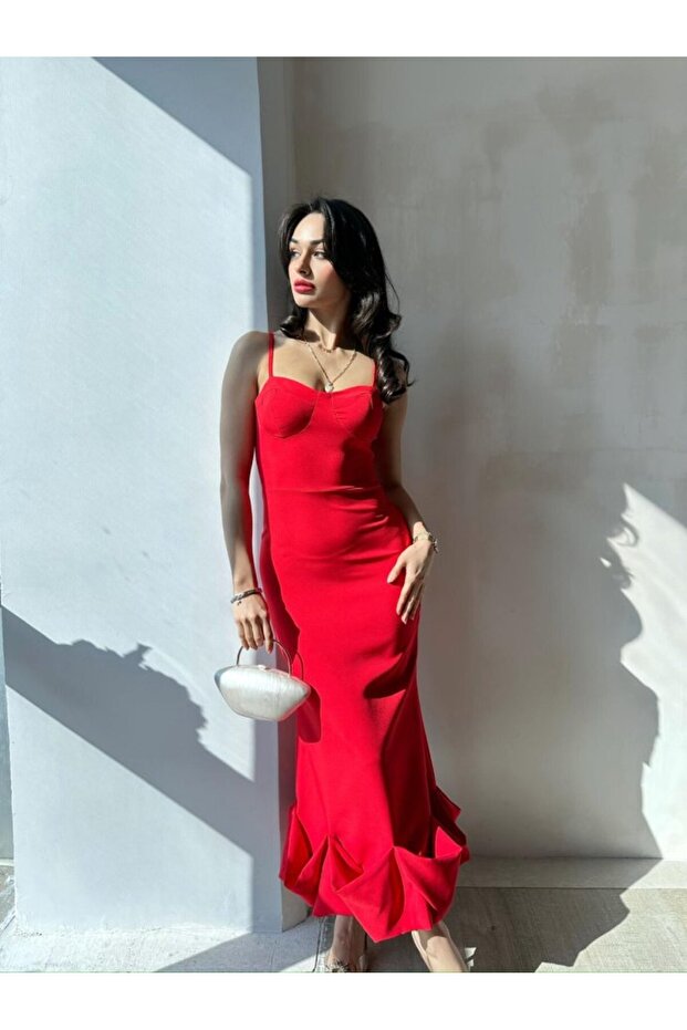 Strappy Dress with Asymmetrical Ruffle Detail at the Hem, Midi Length