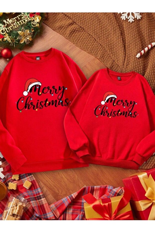 Dear Couple 2-Piece Combination New Year Christmas Christmas Printed Crew Neck Oversize Red Sweatshirt