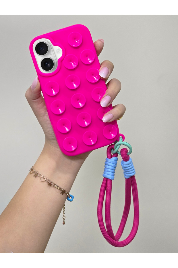 iPhone 16 Plus Compatible Luxury Case with Colorful Strap That Can Stick to Flat Surfaces with Vacuum Feature - 1