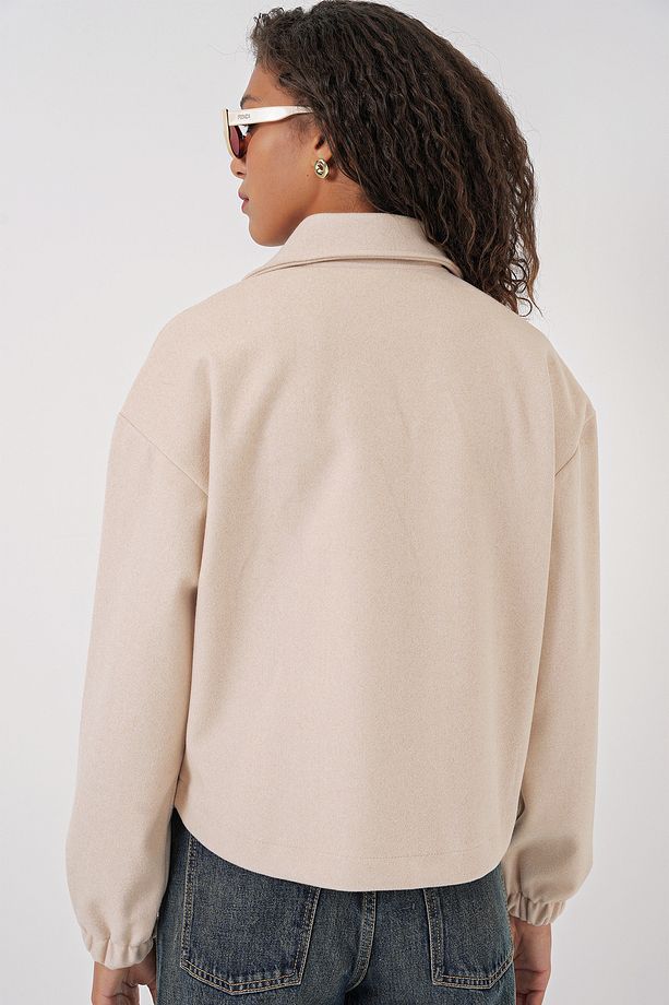 9117 Kruvaze Yaka Crop Ceket - Bej - 6
