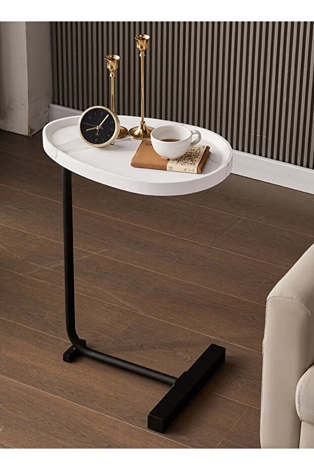 C-Shaped Nordic Coffee Table, 45x30x60cm, Black/White Metal, Sofa Side/End Table