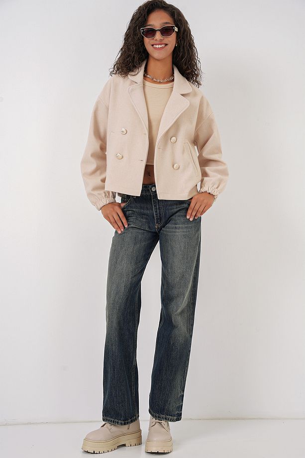 9117 Kruvaze Yaka Crop Ceket - Bej - 2