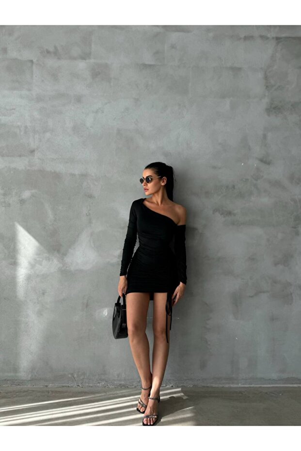 Modern Tek Kol Büzgülü Elbise - 6