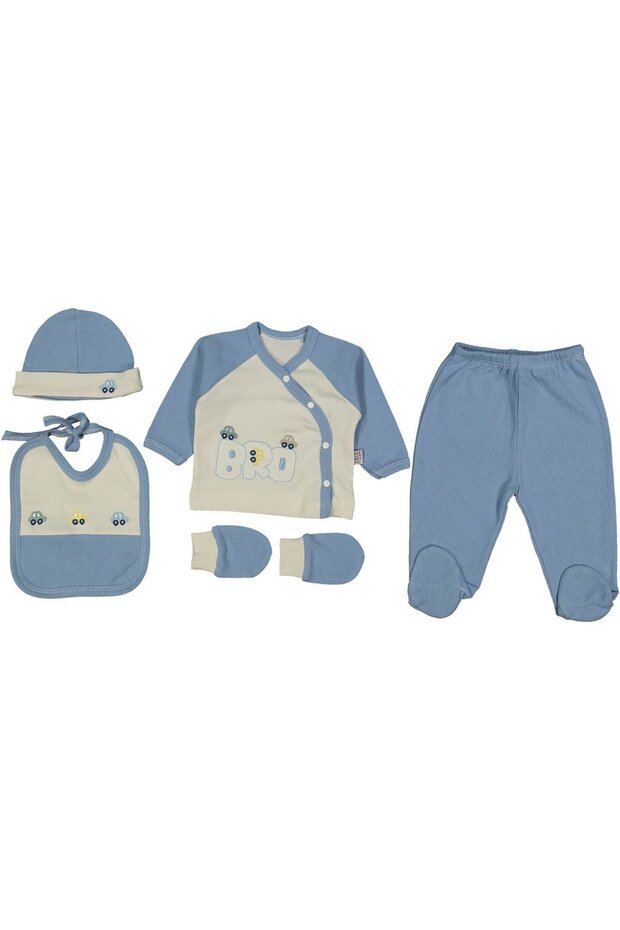 Baby Boy Ecru Blue Bro Car Embroidered 5 Piece Hospital Discharge Set