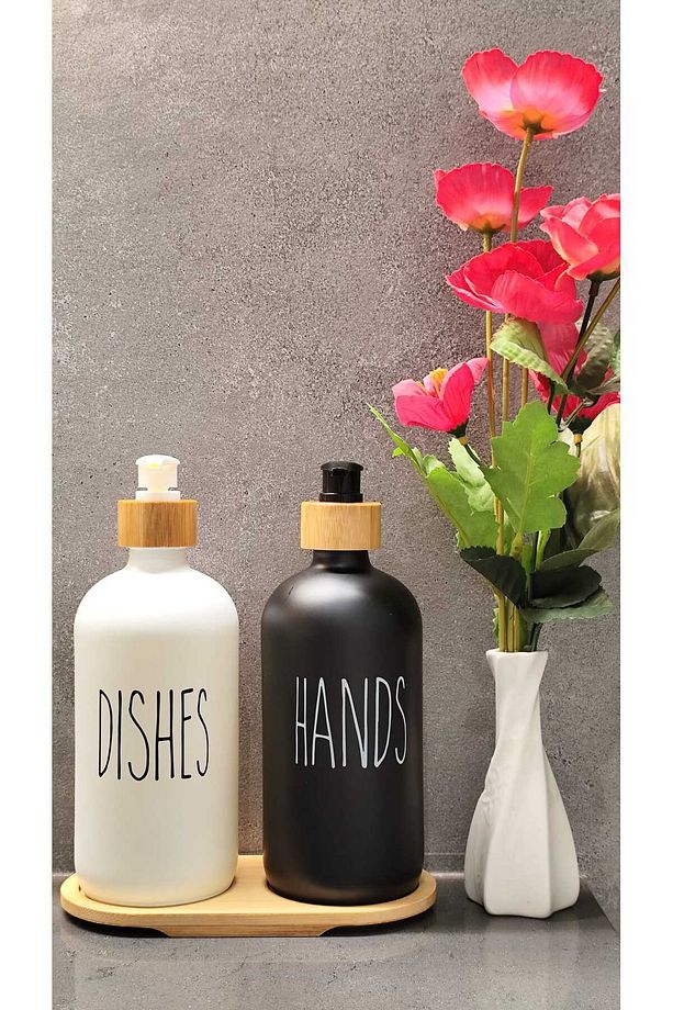 Spil 2 Li Siyah-beyaz Mutfak Sıvı Sabunluk Seti 500ml 500ml Bambu Tepsili - 3