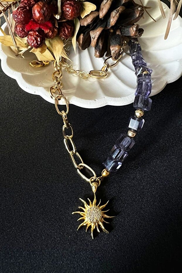 Sun Detailed Purple Stone And Gold Chain Necklace