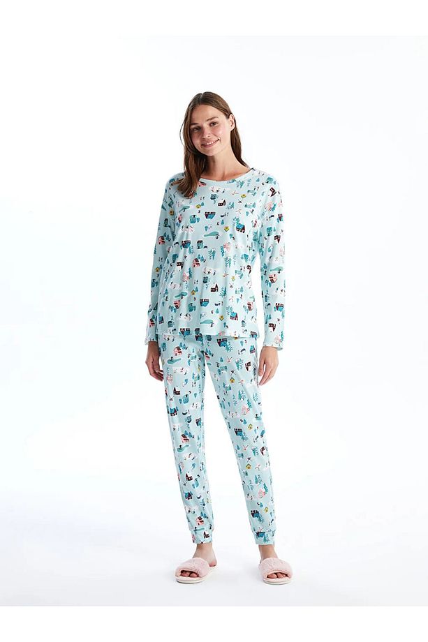 LCW Mavi Bisiklet Yaka Desenli Kadın Pijama Takımı - 2