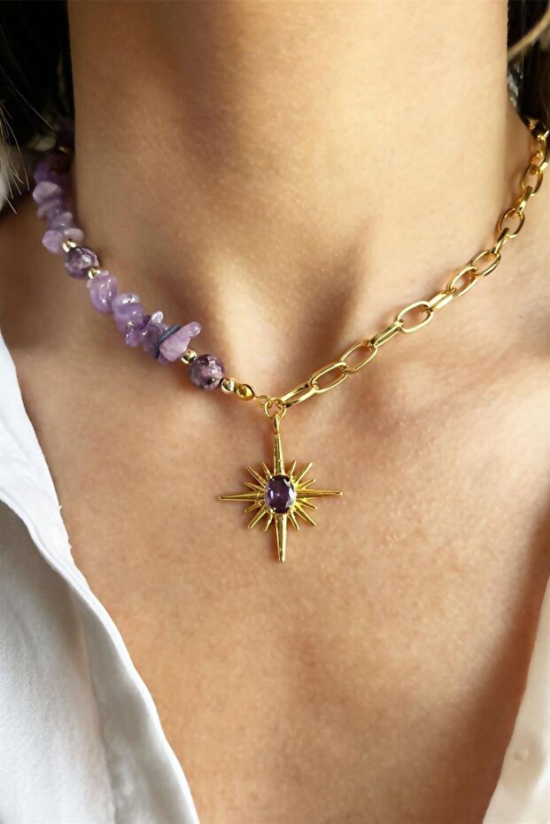 Natural Ceyd Sun Stone Polar Star Detailed Chain Broken Stone Necklace
