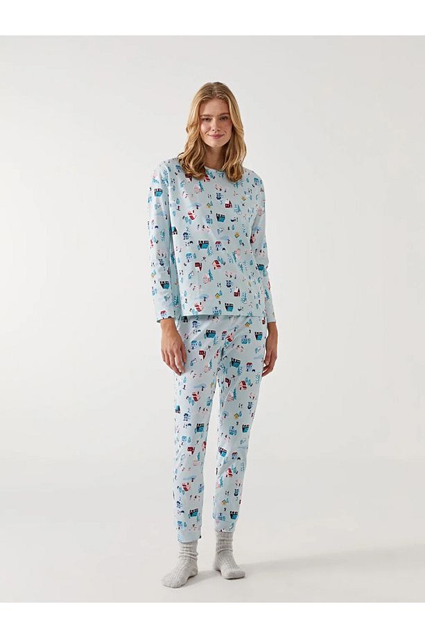 LCW Mavi Bisiklet Yaka Desenli Kadın Pijama Takımı - 3