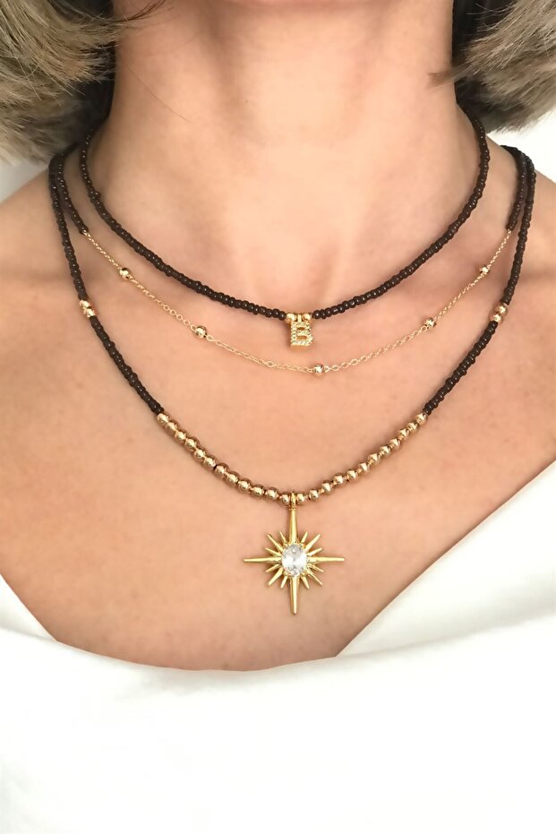 B Harfli 3'lü Set Boncuk Kolye - 2