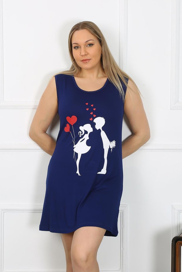 Fashion Line Women's Plus Size Thick Strap Combed Cotton Above Knee Navy Blue Nightgown 12501