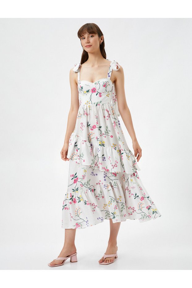 Floral Viscose Midi Dress Tie-Detail Strappy Ruffled Sweetheart Neck Bow Detail