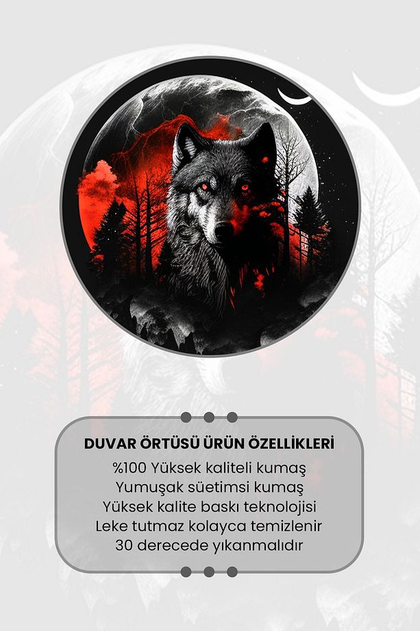 Kurt ve Ay Desenli Duvar Halısı Duvar Örtüsü Tapestry Süet Dokulu Kumaş - 3