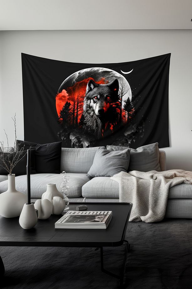 Kurt ve Ay Desenli Duvar Halısı Duvar Örtüsü Tapestry Süet Dokulu Kumaş - 1