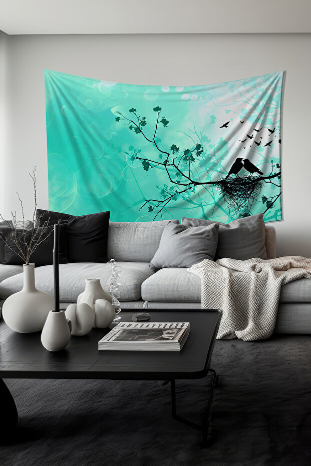 Blue Winter Silhouette Pattern Wall Tapestry Wall Cover Tapestry Suede Textured Fabric
