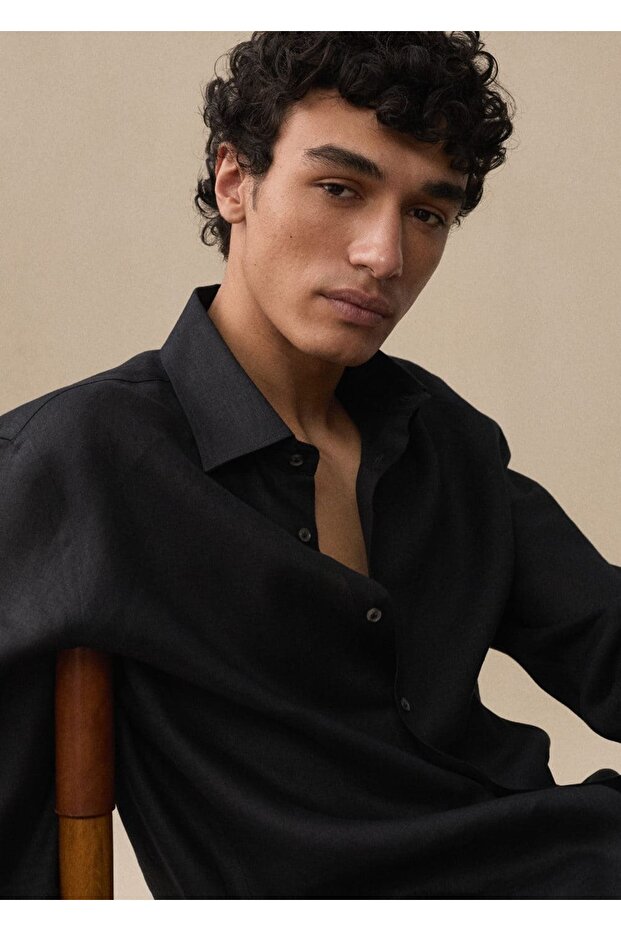 %100 Keten Regular Kesim Gömlek - 8