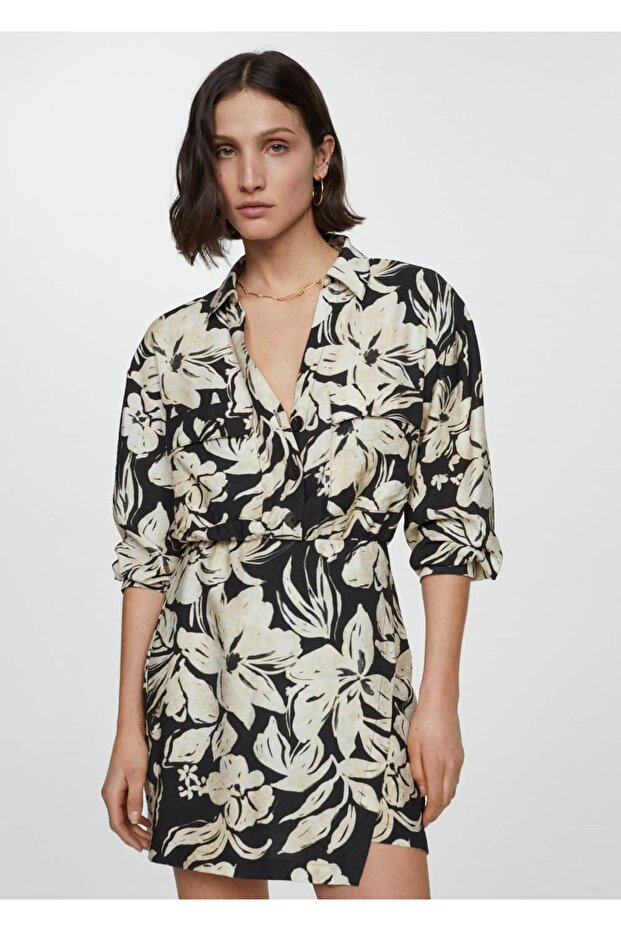 Çiçek desenli gömlek elbise - 1