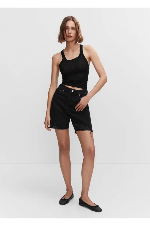 Dekoratif yırtıklı denim bermuda şort - 2