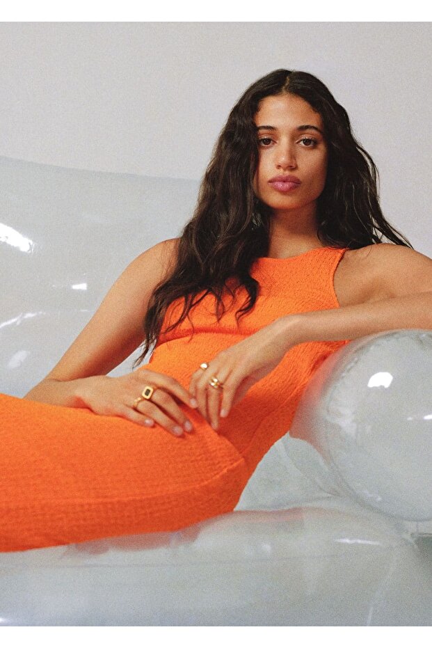 Yırtmaçlı Dokulu Elbise - 8