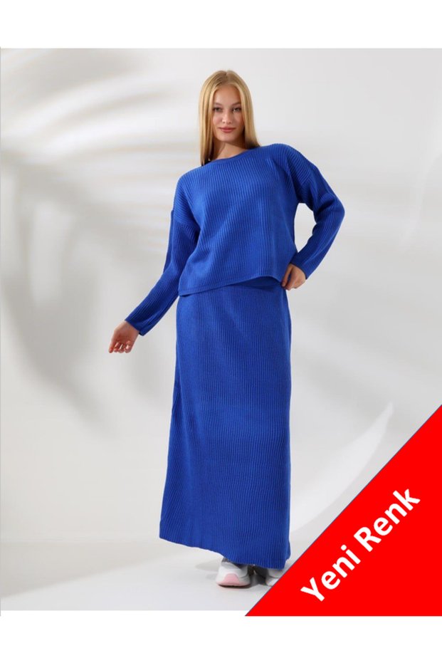 Women's Winter Blue Elastic Waist Skirt Crew Neck Sweater Knitwear Set
