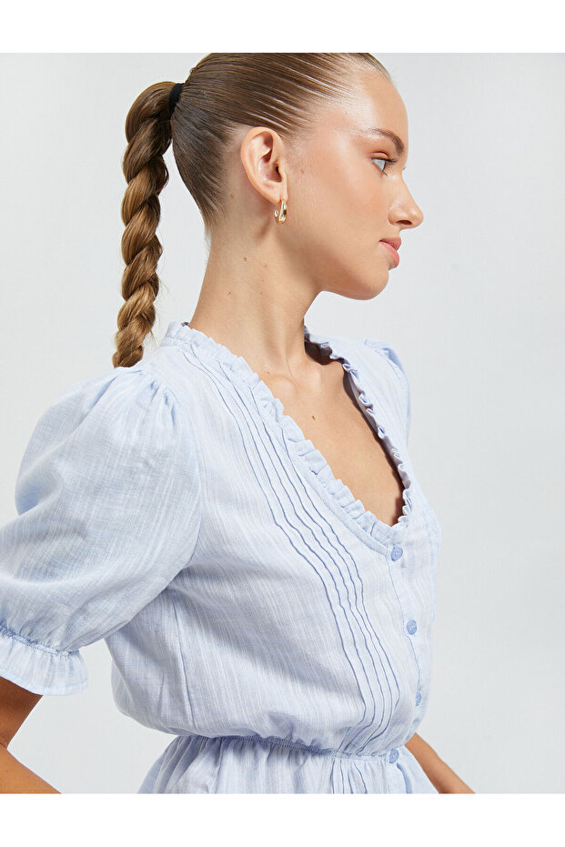Balloon Sleeve Blouse Deep U Neck Ruffle Button Detailed Cotton