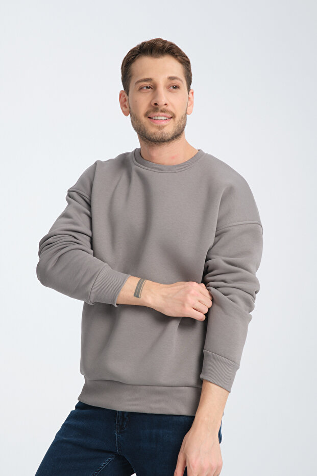 Gray Crew Neck Oversize Raster Basic Men's Sweatshirt - 4