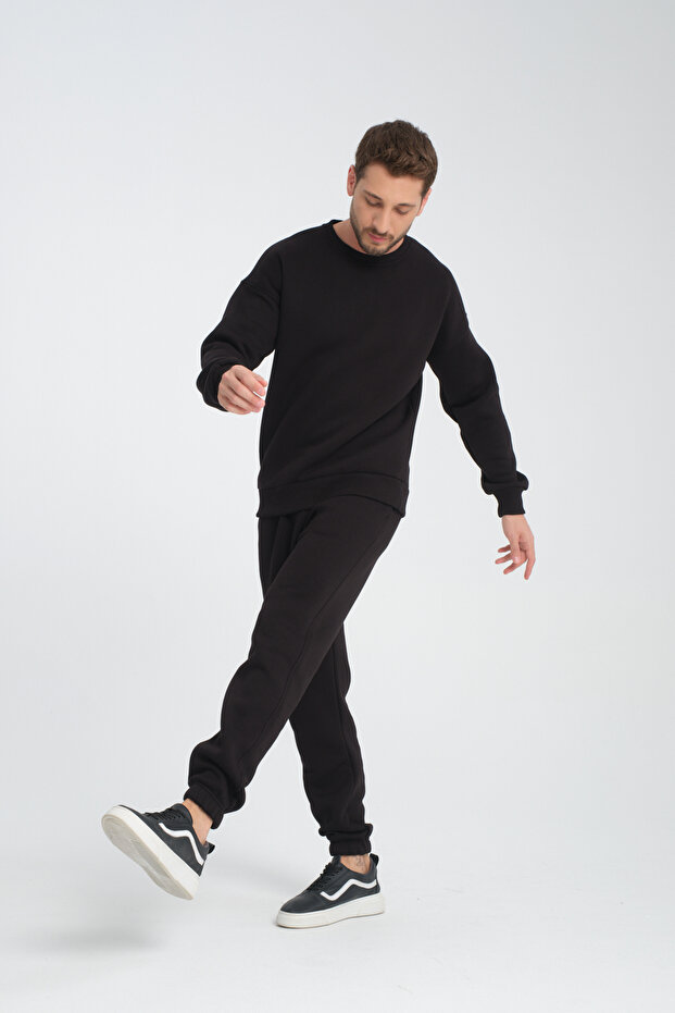 Black Crew Neck Oversize Ribbed Basic Men's Sweatshirt - 2