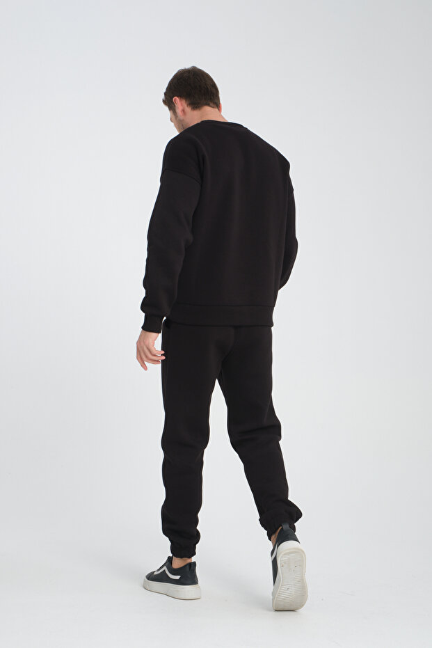 Black Crew Neck Oversize Ribbed Basic Men's Sweatshirt - 5