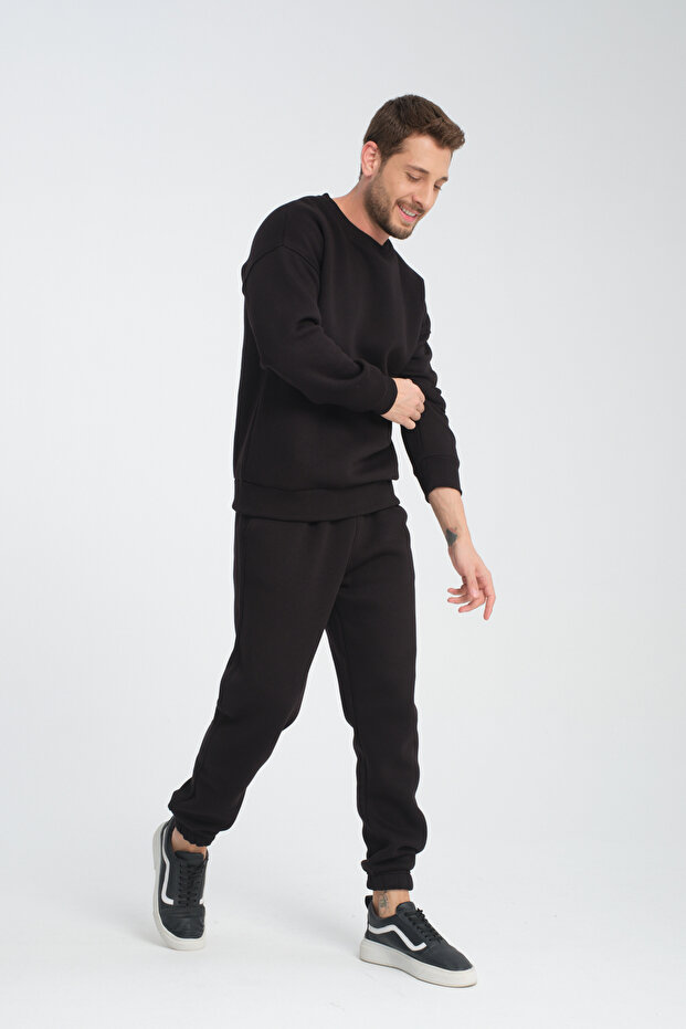 Black Crew Neck Oversize Ribbed Basic Men's Sweatshirt - 4