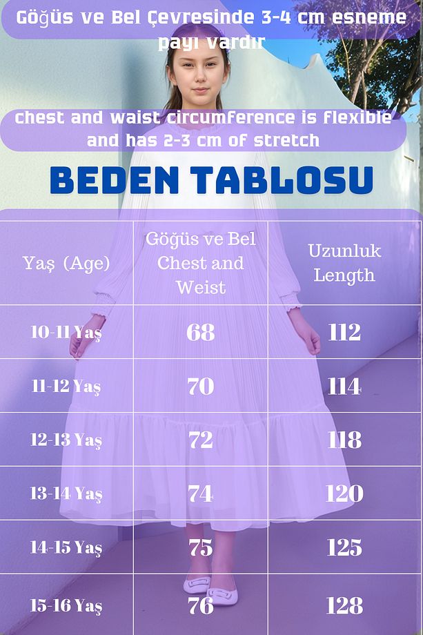 Genç Kız Uzun Pliseli Pamuklu Şifon Tesettür Elbise - 3