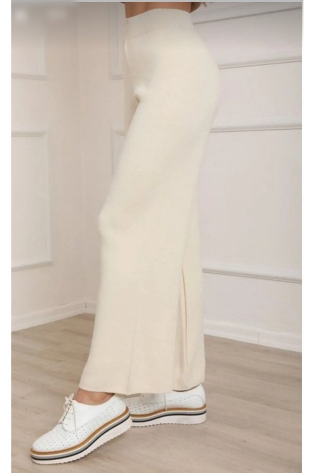 Wide Leg Elastic Waist Knitwear Trousers Cream