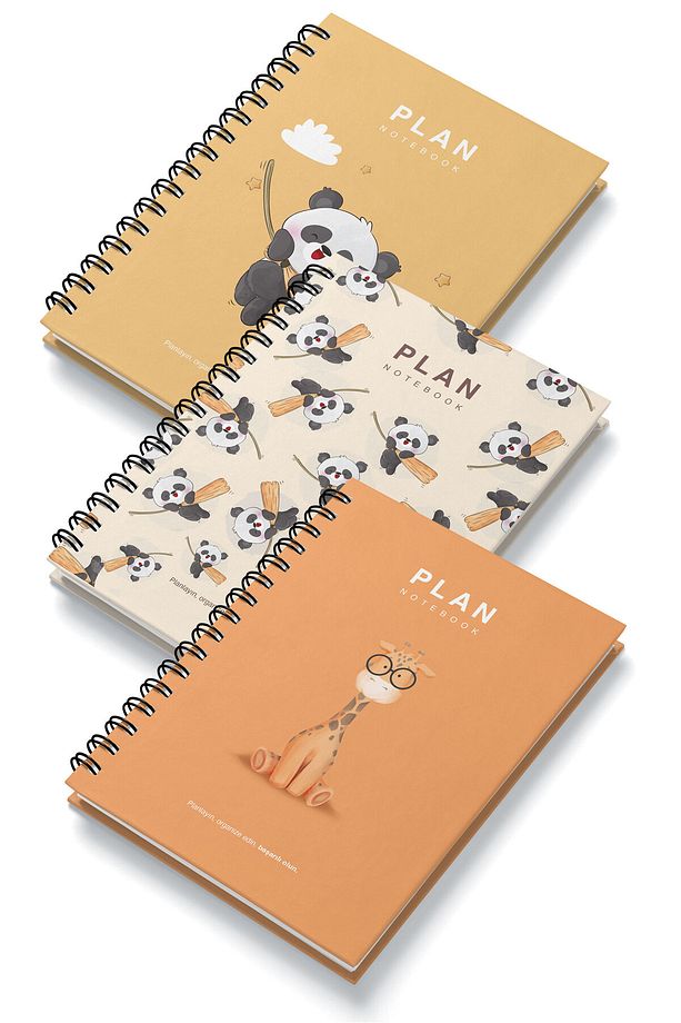 3'Lü Set A5 Spiralli Süresiz Planlayıcı Ajanda Panda - Pandalar - Zurafa - 1