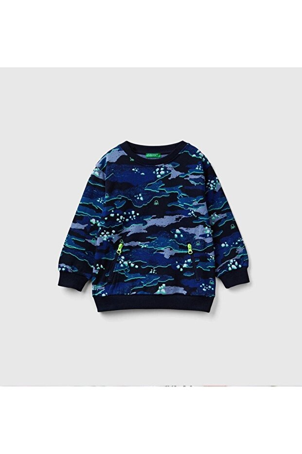 Boy's Navy Blue Camouflage All over Camouflage Patterned Zippered Pocket Crew Neck Sweatshirt