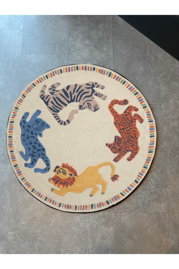 Berlin Safari Tiger Theme Beige Round Woven Base Carpet 1085