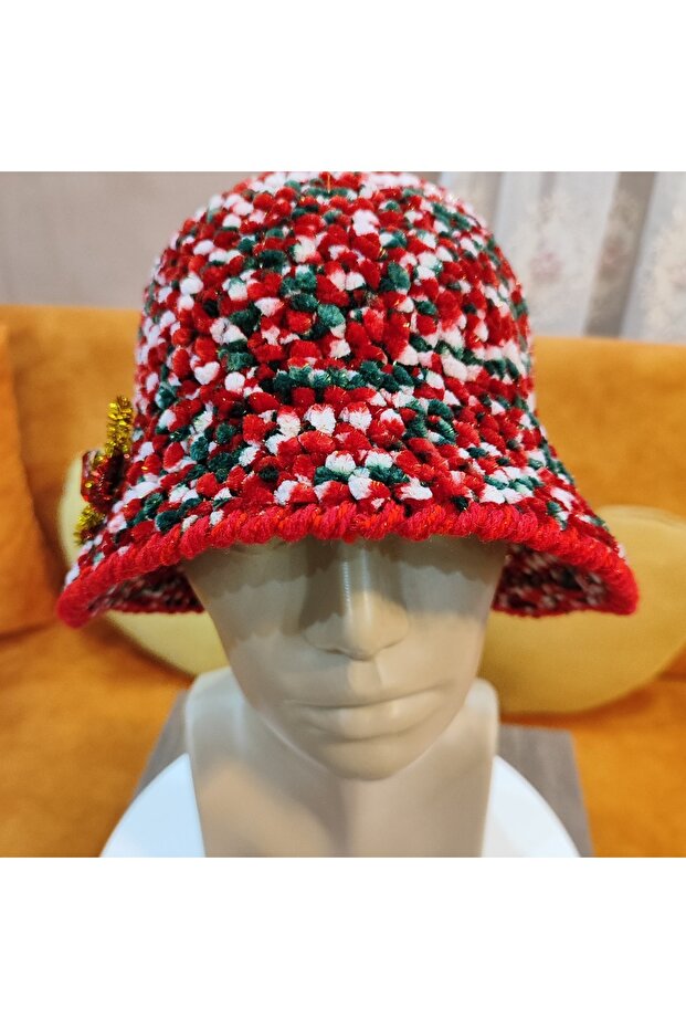 Yılbaşı El Örgüsü Kloş Kadife Şapka - 5
