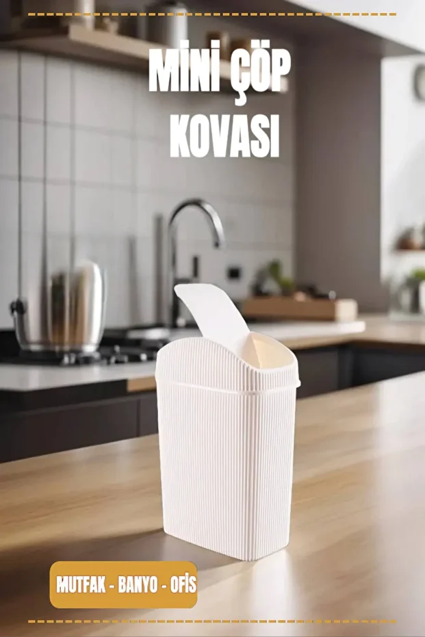 Mini Çöp Kovası, Mutfak, Banyo, Tuvalet, Ofis Çöp Kutusu Krem - 1