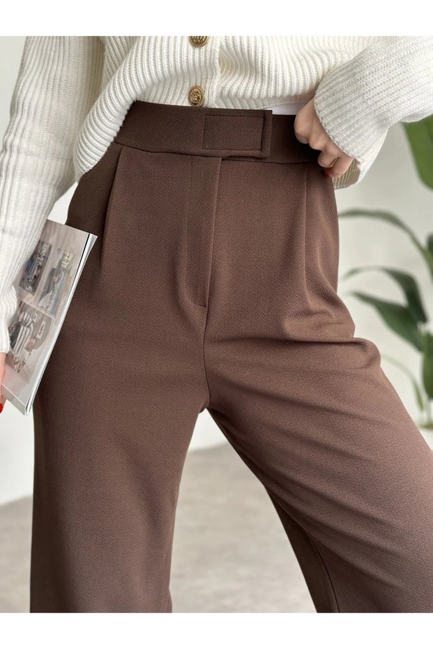 Women's Brown Velcro Fastening Wide Leg Loose Lycra Adjustable Waist Palazzo Trousers 24Fw0003