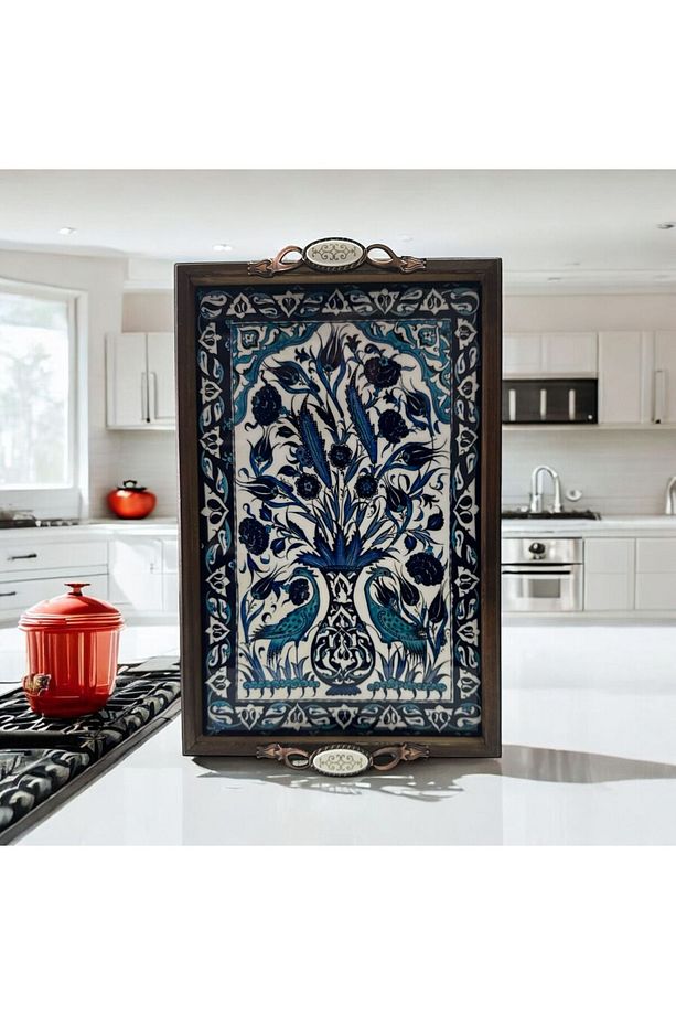 AHŞAP EL YAPIMI TEPSİ  SERAMİK YÜZEY ÜZERİ MAVİ TAVUS KUŞU DESEN MASİF ÇAM AĞACI HANDMADE - 2