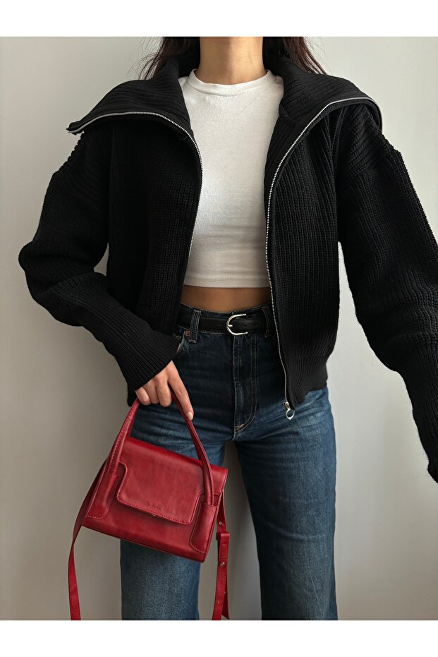 Black Zip-Up Knit Cardigan with Turn-Down Collar