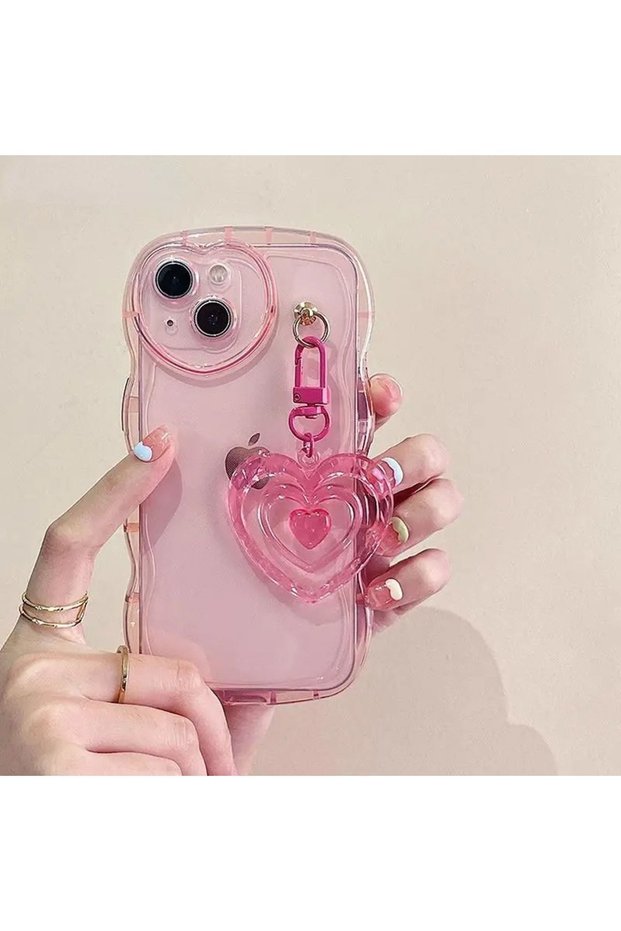 iPhone 13 - 14 Pink Zigzag Design Silicone Cover with Heart Apparatus More Stylish