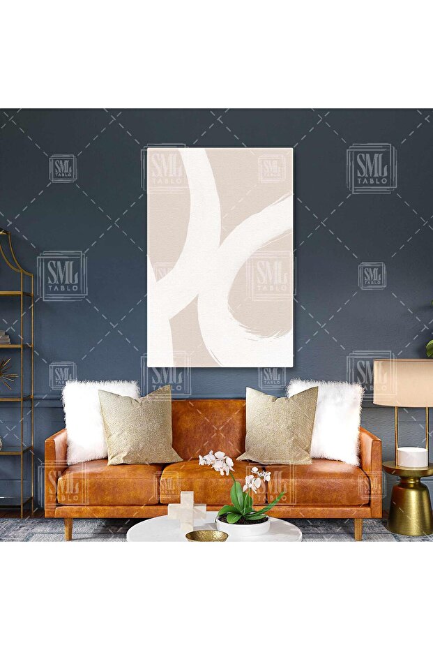 Bej Ve Beyaz Bohem Modern Soyut Dekoratif Dikey Kanvas Tablo - 1
