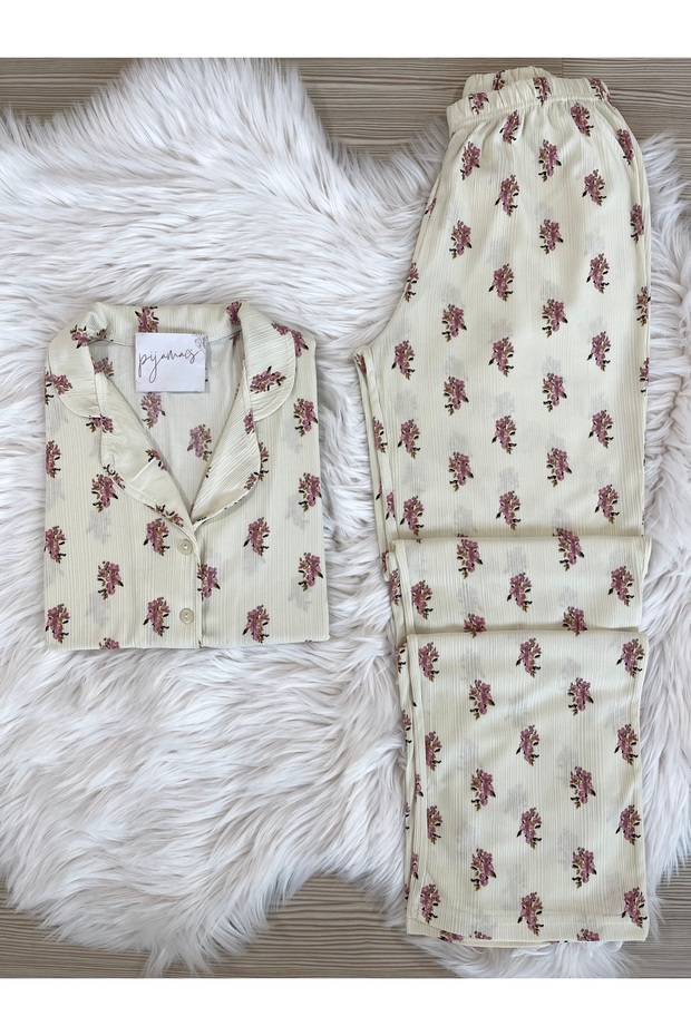Ekru Çiçek Desenli Uzun Kol  Pegasus Pijama Takımı - 1