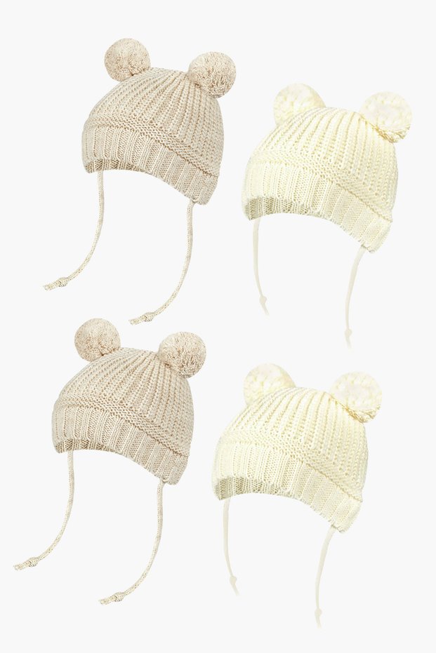 Set of 4 Baby Beanie Hats with Pompoms, Knitted Baby Hats, Knitted Baby Beanie (0-18 Months)