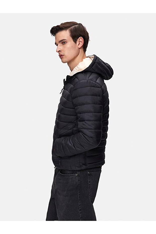 Kapüşonlu Düz Siyah Mont - 4