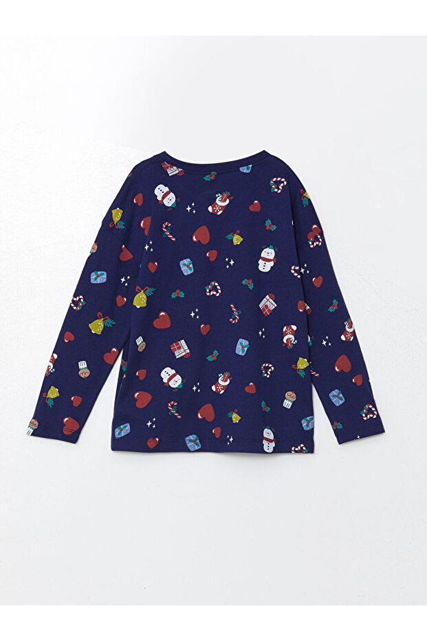 Lacivert Bisiklet Yaka Yılbaşı Temalı Kız Çocuk Pijama Takımı - 3