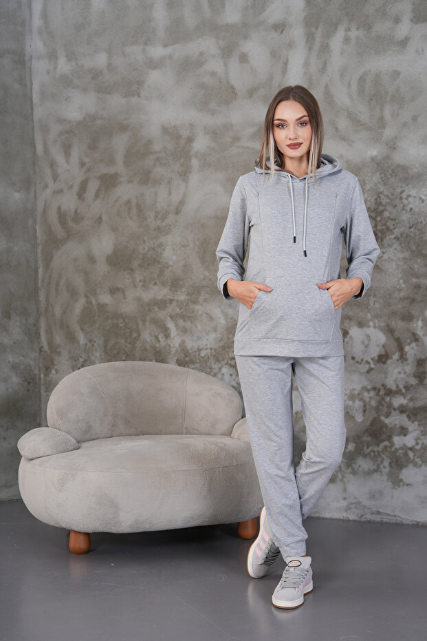 Gray Melange Maternity and Maternity Hooded Sweatshirt Tracksuit Set