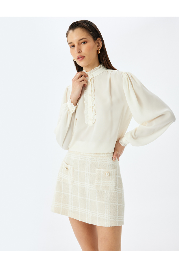 Long Sleeve Ruffle Detail Stand Collar Crepe Blouse