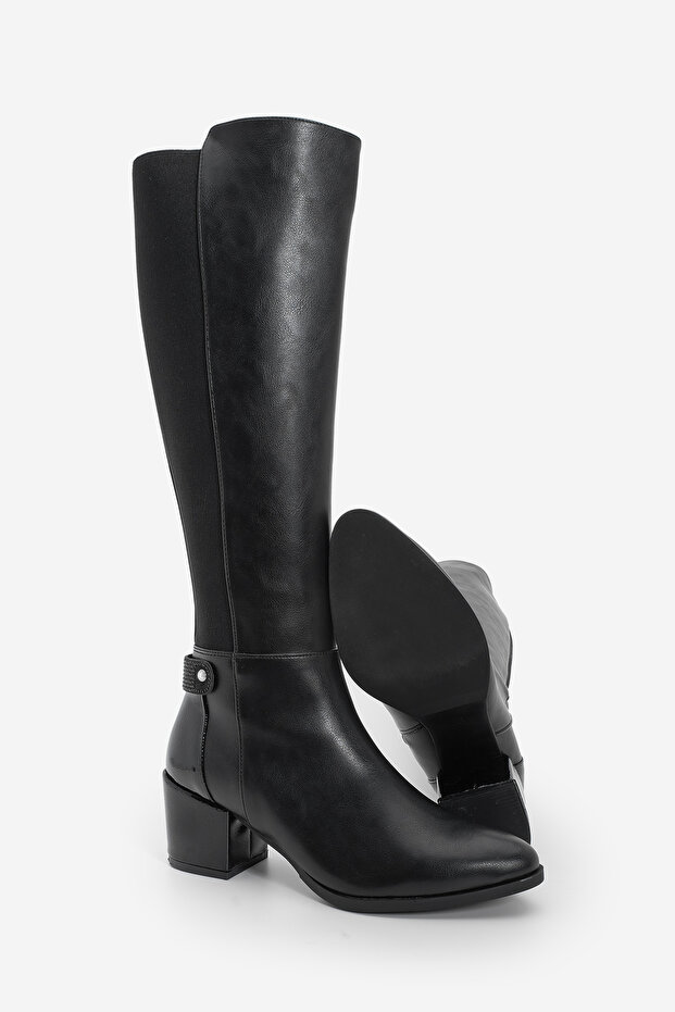 Női sarkú csizma térd alatti rugalmas rugalmas napi klasszikus csizma fekete színben - 7