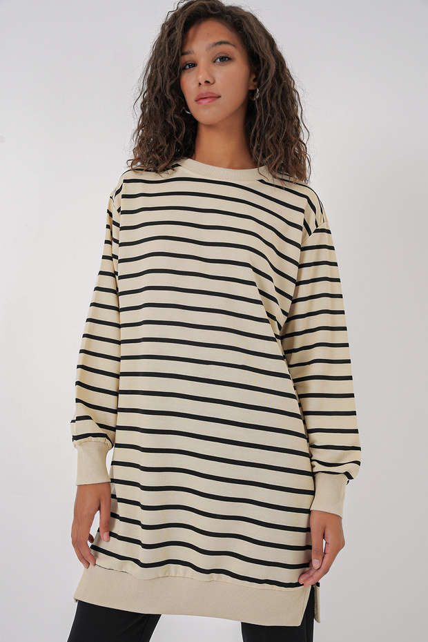 55452 Women's Crew Neck Striped Hijab Tunic - Black