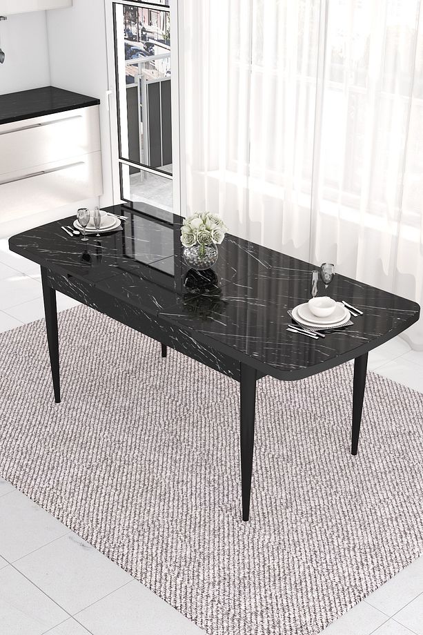 Are Serisi 80x132 Mdf Açılabilir Siyah Mermer Desen Masa Takımı Ve 6 Gri Sandalye - 5